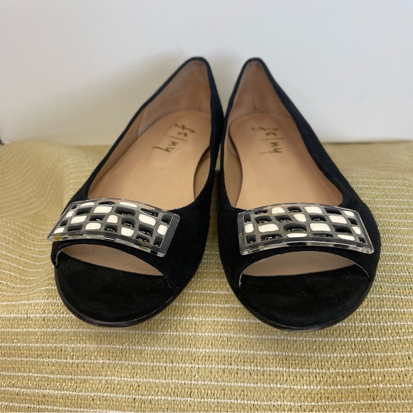 French Sole FS/NY Black ballet Flats with checkerboard buckle. - Picture 4 of 9